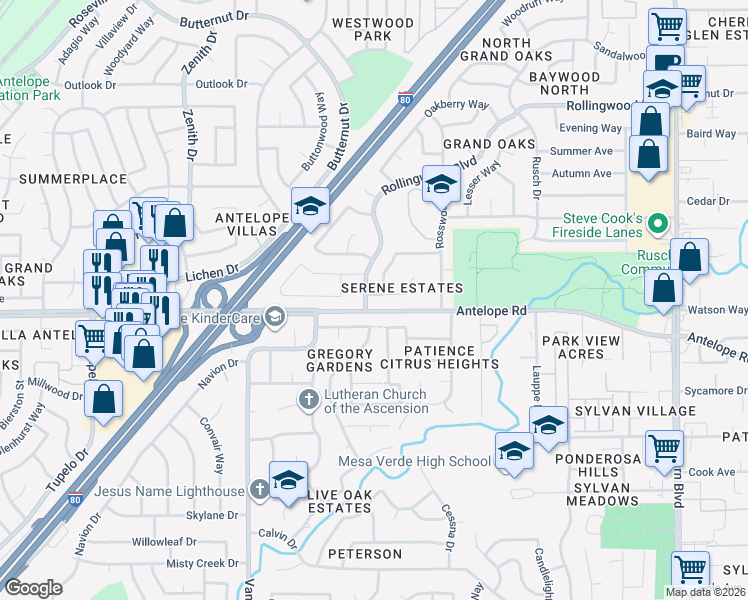 map of restaurants, bars, coffee shops, grocery stores, and more near 7100 Parish Way in Citrus Heights