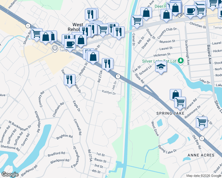 map of restaurants, bars, coffee shops, grocery stores, and more near 37493 Kaitlyn Drive in Dewey Beach