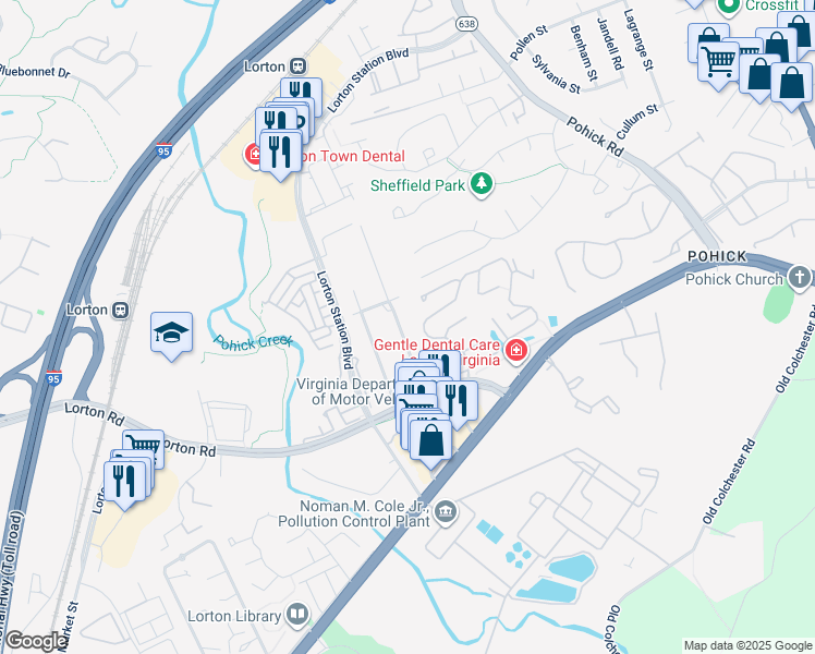 map of restaurants, bars, coffee shops, grocery stores, and more near 9207 Wildwood Street in Lorton