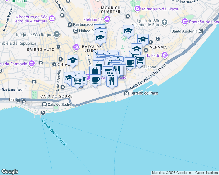 map of restaurants, bars, coffee shops, grocery stores, and more near in Lisboa