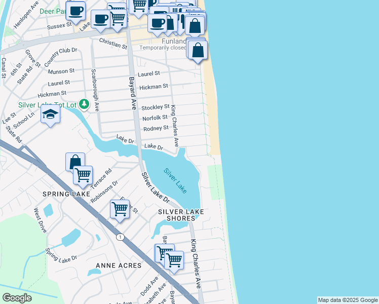 map of restaurants, bars, coffee shops, grocery stores, and more near 96 East Lake Drive in Rehoboth Beach