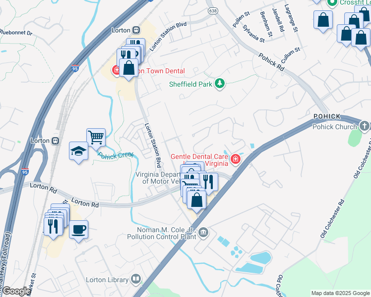 map of restaurants, bars, coffee shops, grocery stores, and more near 9207 Wildwood Street in Lorton