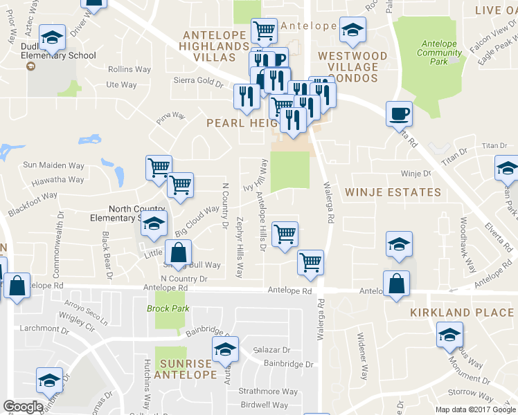 map of restaurants, bars, coffee shops, grocery stores, and more near 7741 Antelope Hills Dr in Sacramento