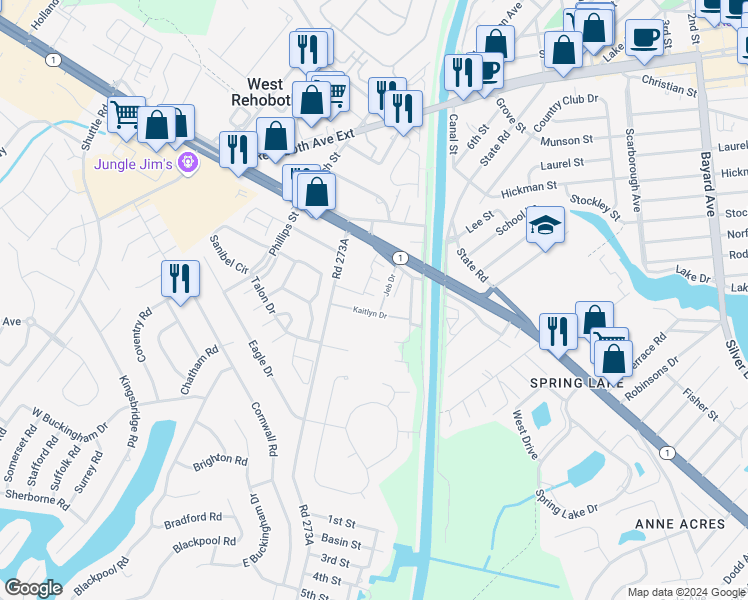 map of restaurants, bars, coffee shops, grocery stores, and more near 37493 Kaitlyn Drive in Dewey Beach