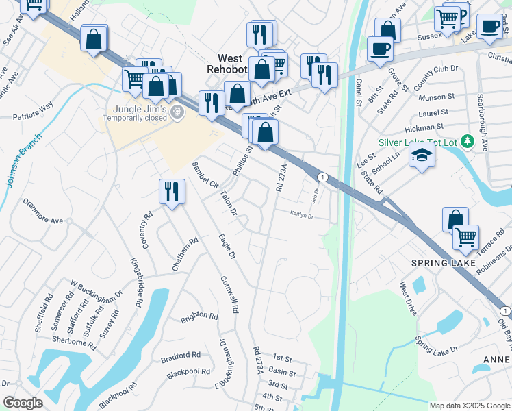 map of restaurants, bars, coffee shops, grocery stores, and more near 250 Sea Eagle Drive in Rehoboth Beach