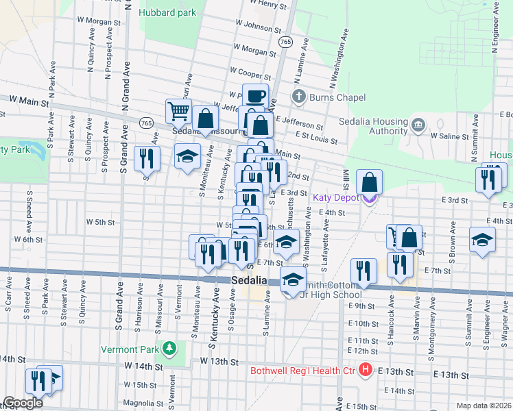 map of restaurants, bars, coffee shops, grocery stores, and more near 103 East 4th Street in Sedalia