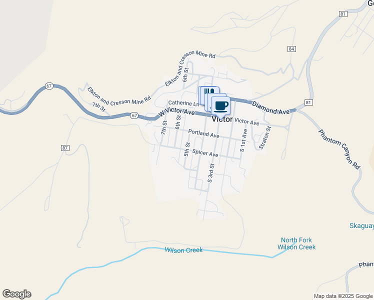 map of restaurants, bars, coffee shops, grocery stores, and more near 5th Street in Victor