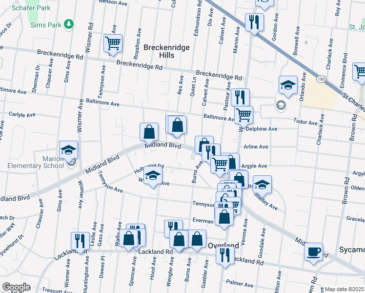 map of restaurants, bars, coffee shops, grocery stores, and more near 9528 Midland Boulevard in Overland
