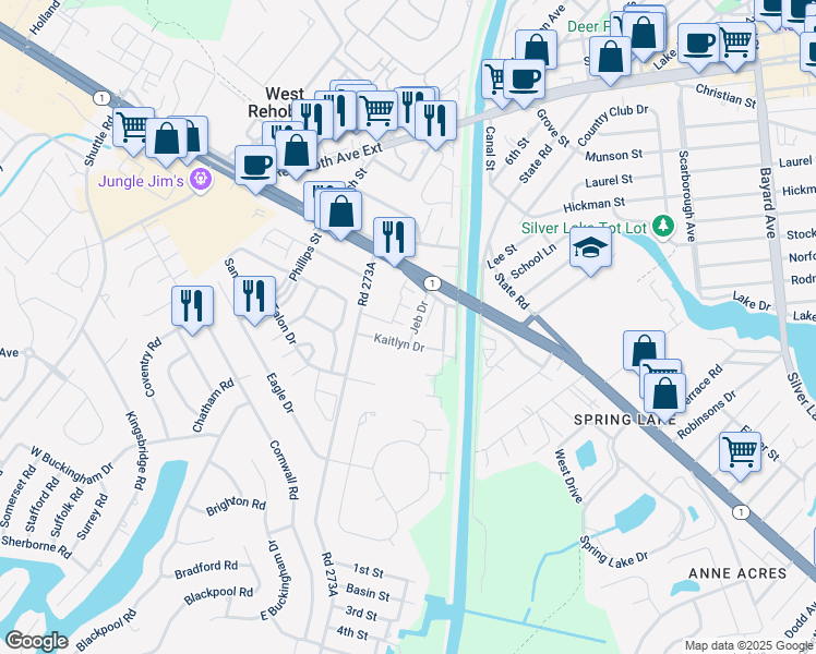 map of restaurants, bars, coffee shops, grocery stores, and more near 20411 Jeb Drive in Rehoboth Beach