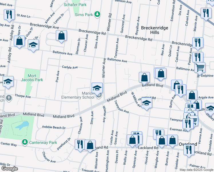 map of restaurants, bars, coffee shops, grocery stores, and more near 2739 Wismer Avenue in Overland