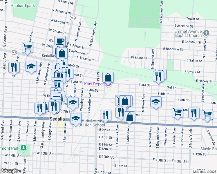 map of restaurants, bars, coffee shops, grocery stores, and more near 600 East 3rd Street in Sedalia