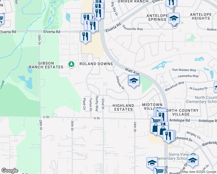 map of restaurants, bars, coffee shops, grocery stores, and more near 3213 Irvindale Way in Antelope