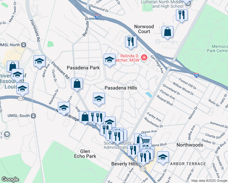 map of restaurants, bars, coffee shops, grocery stores, and more near 7339 Winchester Drive in St. Louis