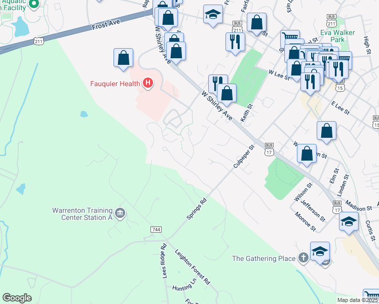 map of restaurants, bars, coffee shops, grocery stores, and more near 109 Derby Way in Warrenton