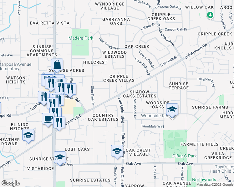 map of restaurants, bars, coffee shops, grocery stores, and more near 8084 Old Auburn Road in Citrus Heights