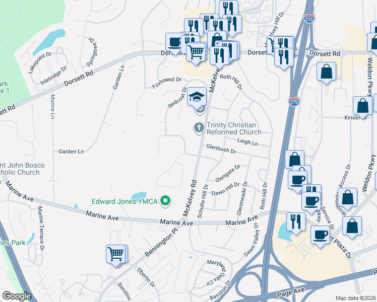 map of restaurants, bars, coffee shops, grocery stores, and more near 12628 Glenlea Drive in Maryland Heights