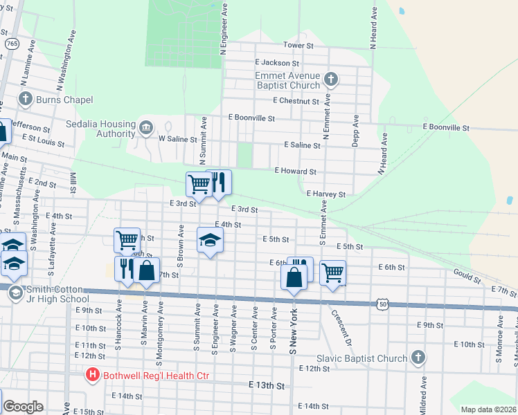 map of restaurants, bars, coffee shops, grocery stores, and more near 1319 East 4th Street in Sedalia
