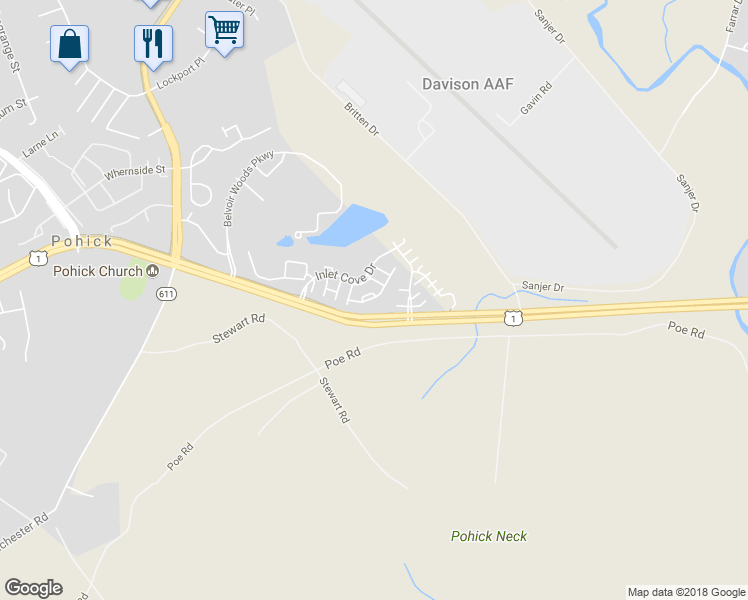 map of restaurants, bars, coffee shops, grocery stores, and more near 7021 Stone Inlet Drive in Fort Belvoir