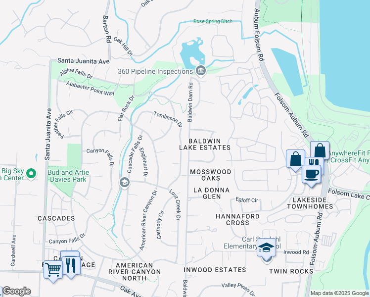 map of restaurants, bars, coffee shops, grocery stores, and more near 124 Tomlinson Drive in Folsom
