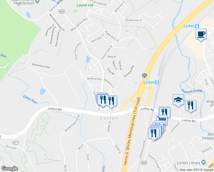 map of restaurants, bars, coffee shops, grocery stores, and more near 9209 Lorton Valley Road in Lorton