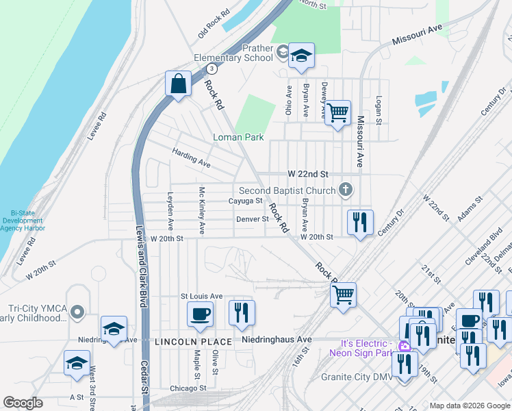 map of restaurants, bars, coffee shops, grocery stores, and more near 2602 Denver Street in Granite City