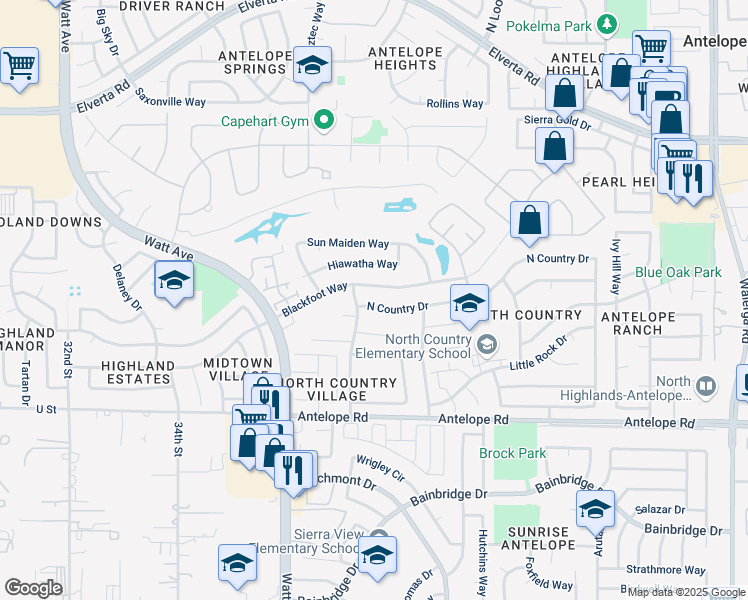 map of restaurants, bars, coffee shops, grocery stores, and more near 3609 North Country Drive in Antelope