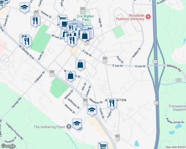 map of restaurants, bars, coffee shops, grocery stores, and more near 257 Fairfield Drive in Warrenton