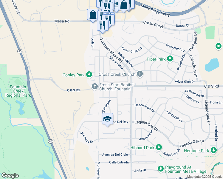 map of restaurants, bars, coffee shops, grocery stores, and more near 2182 Calle Fontana in Fountain