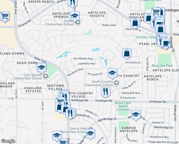 map of restaurants, bars, coffee shops, grocery stores, and more near 3609 North Country Drive in Antelope