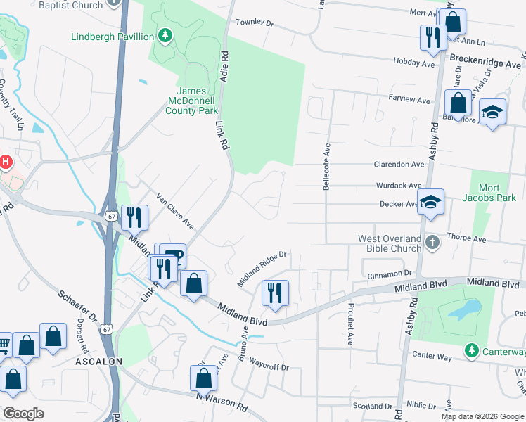 map of restaurants, bars, coffee shops, grocery stores, and more near 2893 West Pasture Drive in St. Louis