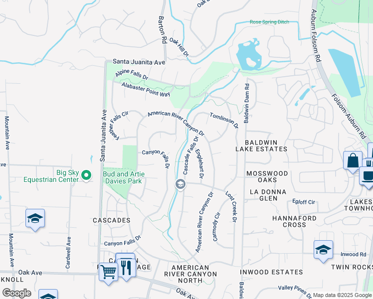 map of restaurants, bars, coffee shops, grocery stores, and more near 251 Cascade Falls Drive in Folsom