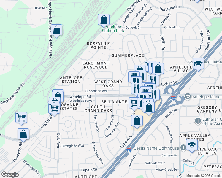 map of restaurants, bars, coffee shops, grocery stores, and more near 6219 Stonehand Avenue in Citrus Heights