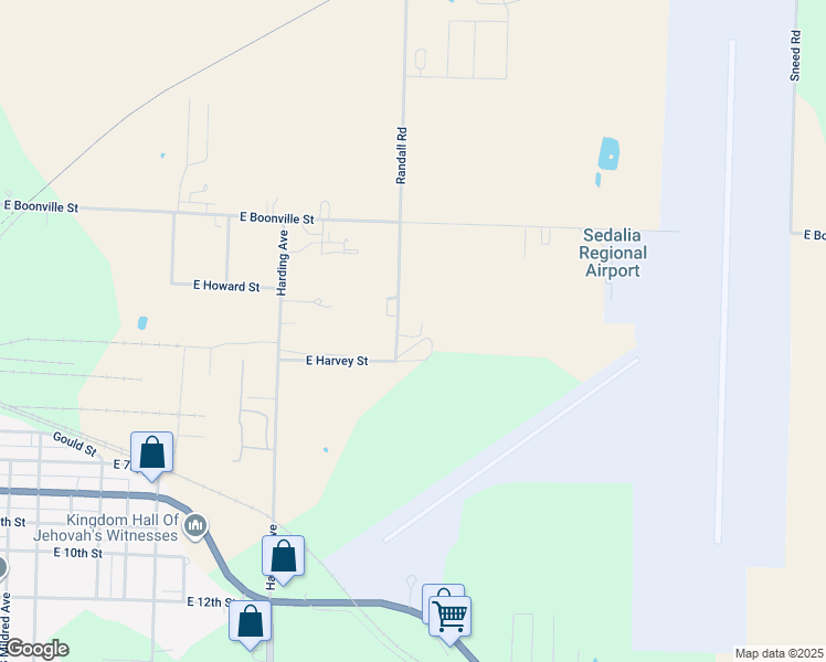 map of restaurants, bars, coffee shops, grocery stores, and more near 201-203 Randall Road in Sedalia