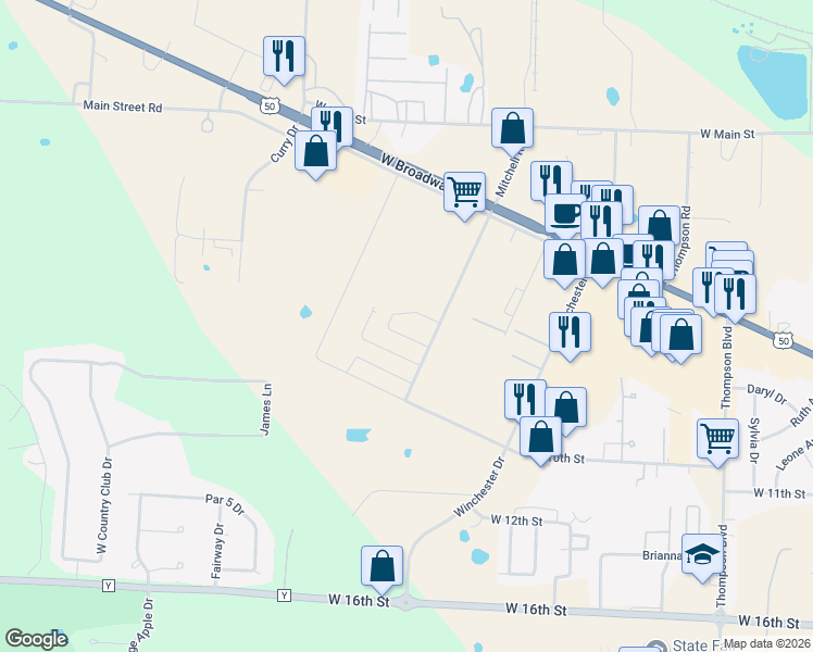 map of restaurants, bars, coffee shops, grocery stores, and more near 960 Mitchell Road in Sedalia