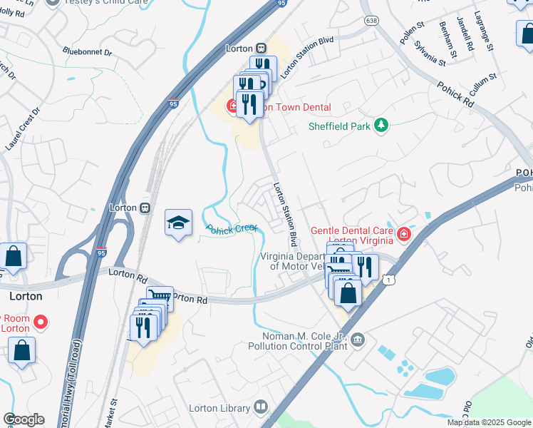 map of restaurants, bars, coffee shops, grocery stores, and more near 9163 Stonegarden Drive in Lorton