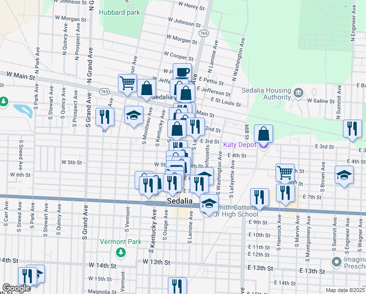 map of restaurants, bars, coffee shops, grocery stores, and more near 415 South Ohio Avenue in Sedalia