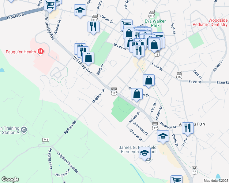 map of restaurants, bars, coffee shops, grocery stores, and more near 39 East Shirley Avenue in Warrenton
