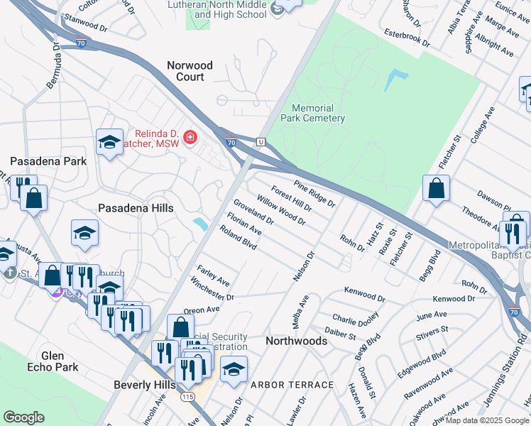 map of restaurants, bars, coffee shops, grocery stores, and more near 6937 Florian Avenue in St. Louis