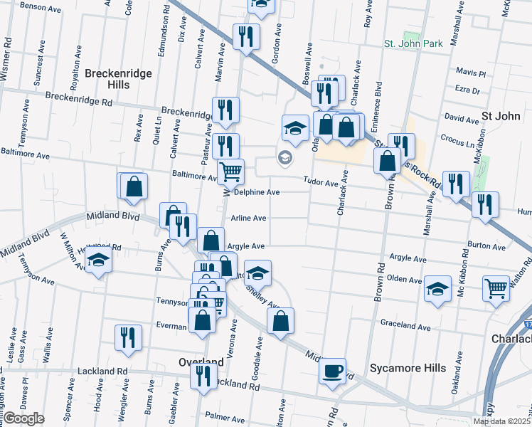 map of restaurants, bars, coffee shops, grocery stores, and more near 2711 Stella Avenue in Overland