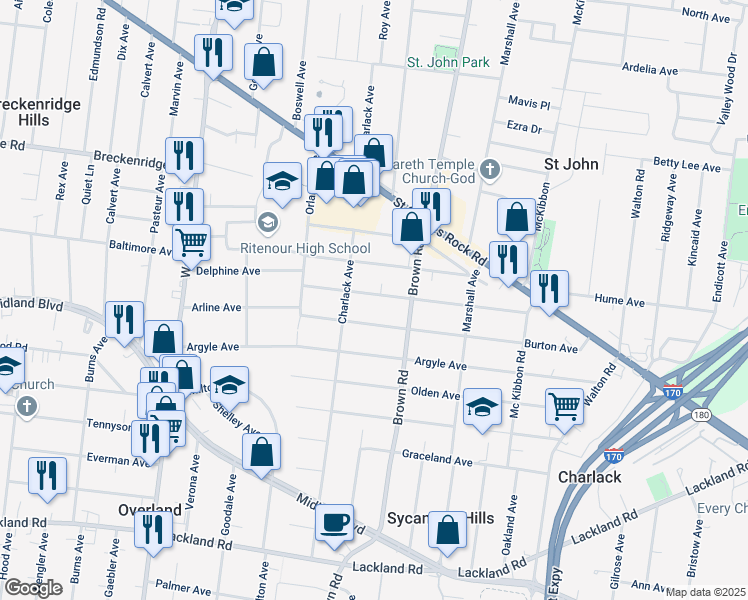 map of restaurants, bars, coffee shops, grocery stores, and more near 8938 Windom Avenue in Overland