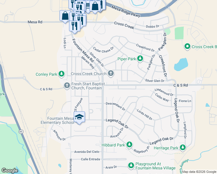 map of restaurants, bars, coffee shops, grocery stores, and more near 7116 Josh Byers Way in Fountain