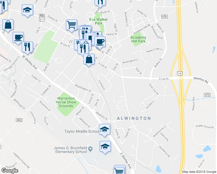 map of restaurants, bars, coffee shops, grocery stores, and more near 257 Fairfield Drive in Warrenton