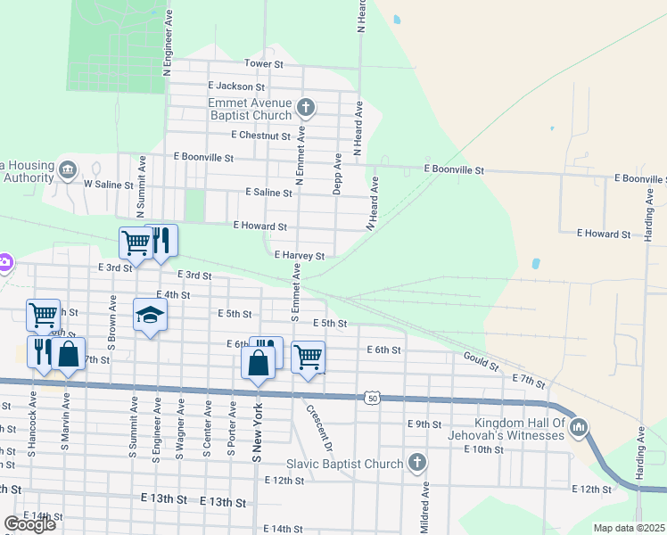 map of restaurants, bars, coffee shops, grocery stores, and more near Missouri-Kansas-Texas Railroad in Sedalia