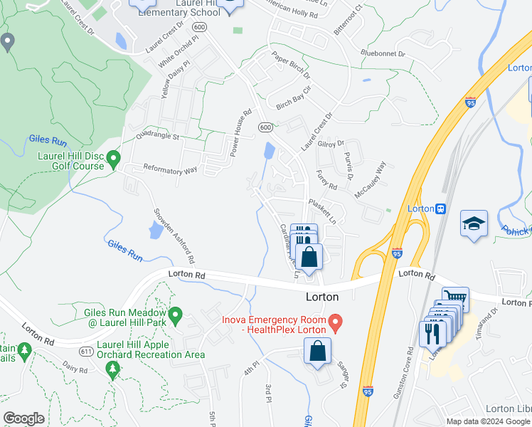 map of restaurants, bars, coffee shops, grocery stores, and more near 9238 Cardinal Forest Lane in Lorton