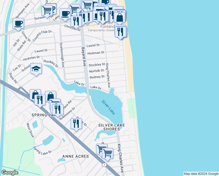 map of restaurants, bars, coffee shops, grocery stores, and more near 31 Queen Street in Rehoboth Beach