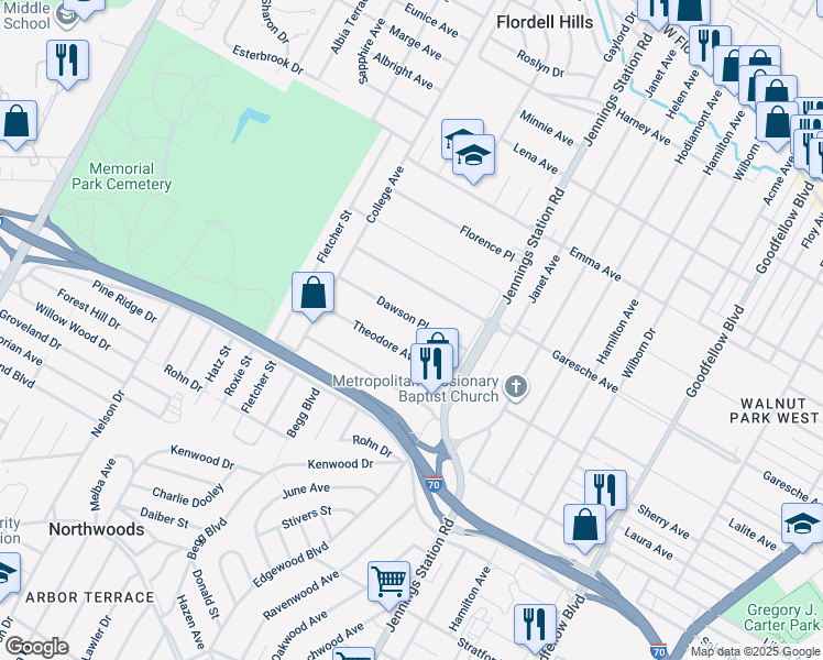 map of restaurants, bars, coffee shops, grocery stores, and more near 7042 Theodore Avenue in Jennings