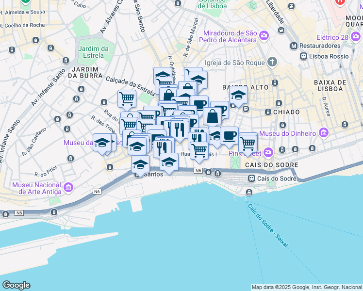 map of restaurants, bars, coffee shops, grocery stores, and more near 1 Rua Cais do Tojo in Lisboa