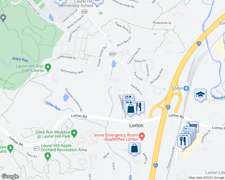 map of restaurants, bars, coffee shops, grocery stores, and more near 9230 Cardinal Forest Lane in Lorton