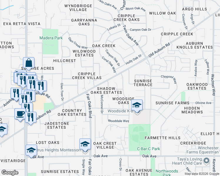 map of restaurants, bars, coffee shops, grocery stores, and more near 8148 Auburn Point Way in Citrus Heights