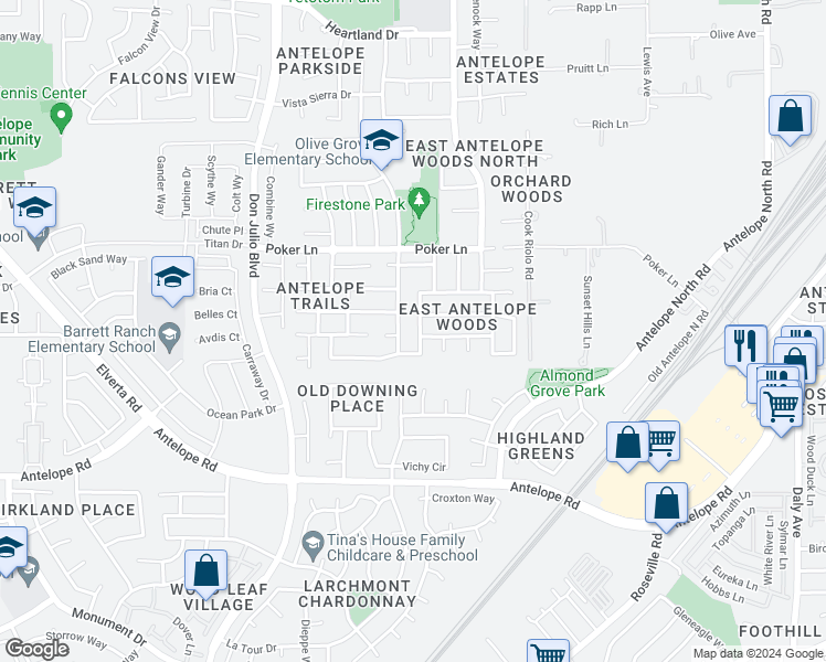map of restaurants, bars, coffee shops, grocery stores, and more near 5217 Harston Way in Antelope
